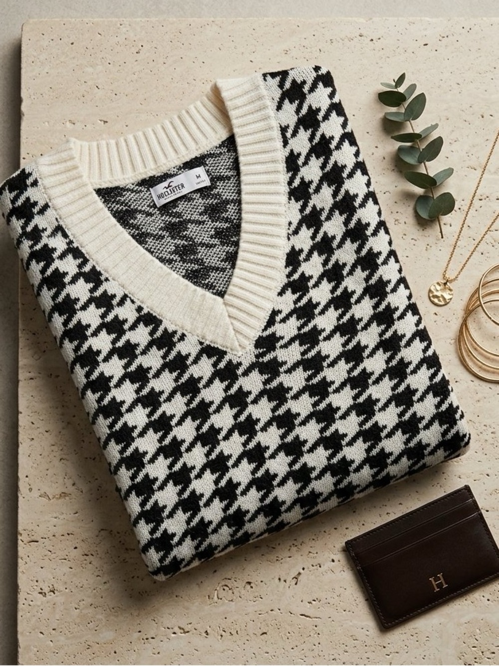 Hollister Black White Houndstooth Knit V-Neck Sweater Vest Medium Oversized
